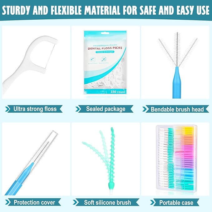 Lezmarket 450PCS Interdental Brushes and Flosser Picks Kit, Braces Brushes, Soft Picks and Dental Floss Sticks for Teeth, Braces Cleaner Brush Tooth Floss Pick Between Teeth Brushes for Braces