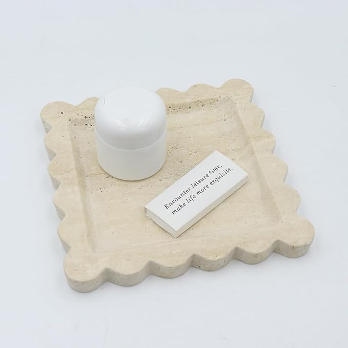 Square Marble Decorative Tray with Scalloped Edge, Luxury Natural Stone Bathroom Vanity Tray, Dresser Top Perfume Coffee Home Kitchen Sink Tray, Key Trinket Ring