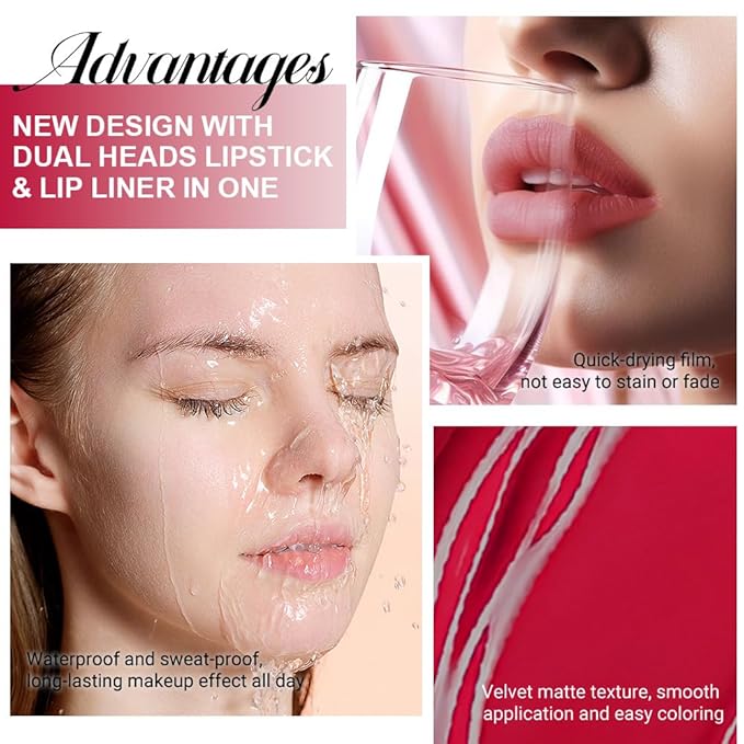 1Pcs 2 in 1 Ruby Red Matte Lip Liner and Liquid Lipstick Stain Makeup Set for women, Ruby Red Long Lasting Smudge Proof Lip Tint Matte Finish Lip Gloss for All-Day Color Hold Easy to Use 58#