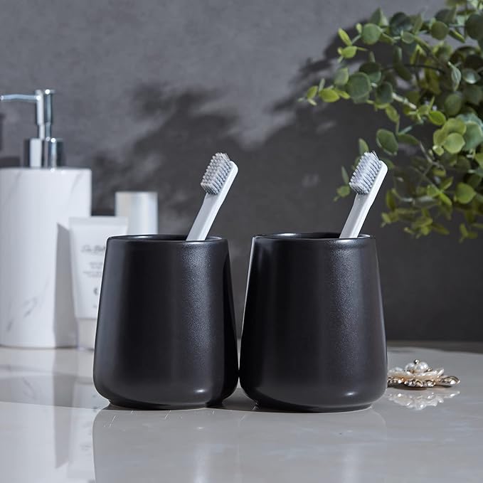Matte Black Toothbrush Holders for Bathroom - 2Pcs Ceramic Tooth Brushing Holder Set, Toothpaste Holder, Reusable Toothbrush Mouthwash Cups, Space-Saving Design for Bathroom Countertop