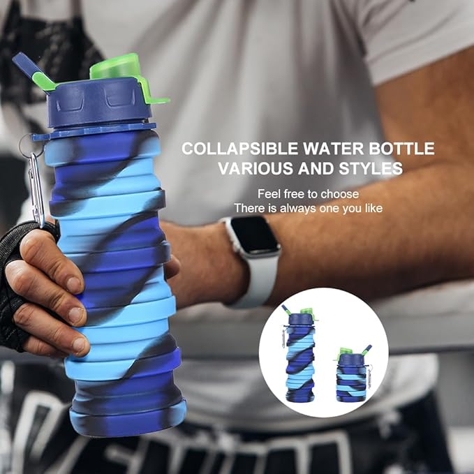 Silicone Collapsible Water Bottles, 16oz 500ml Portable Foldable Expandable Water Bottle Sports Cups, Leak Proof Reusable BPA Free, for Outdoor Activities Travel (2# Blue)