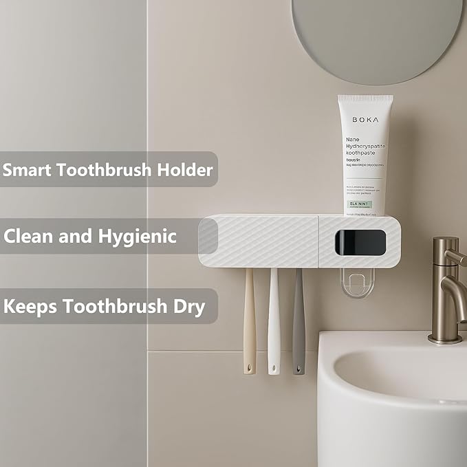 Smart Toothbrush Holder, Wall Mounted Toothbrush Holder with Toothpaste Dispenser, Drying Function and 3 Toothbrush Slots for Bathroom (White)