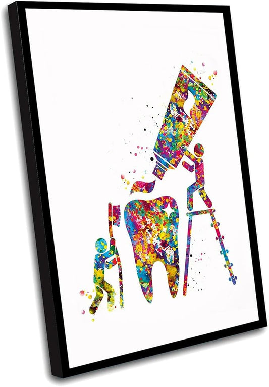 HFKSRJGW Teeth Medical Canvas Prints,Dental Hygienist Art Watercolor Print Dental Care Tools Tooth Medical Art Surgeon Dental Clinic Decor Gift Dentist Dentistry Office,16"x20"Framed Wall Art