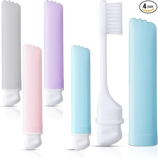 Patelai 4 Pieces Travel Toothbrush Set, Soft Bristle Mini Foldable Tooth Brush with Case, Individually Wrapped Small Portable Travel Size Toiletries Stuff for Camping (Macaron Color)