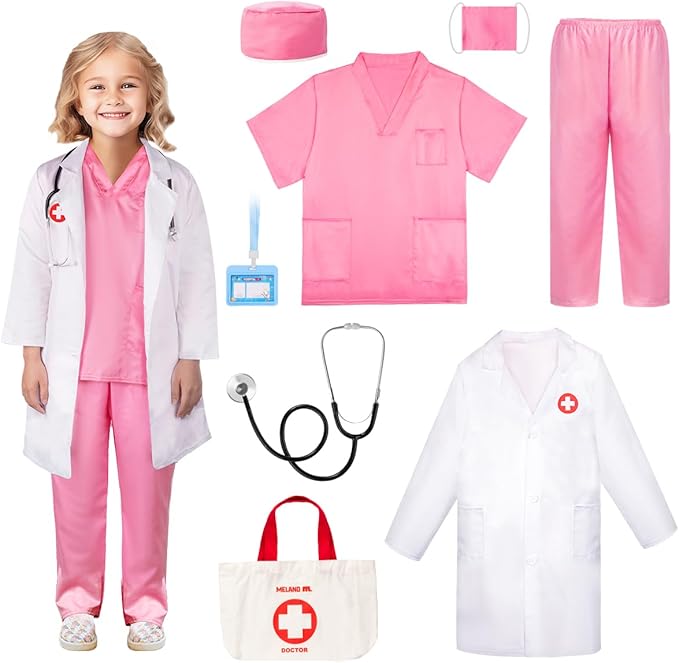 Meland Doctor Costume for Girls - Kids Scrubs with Lab Coat & Carry Bag, Doctor Dress Up for Halloween, Career Day Role Play