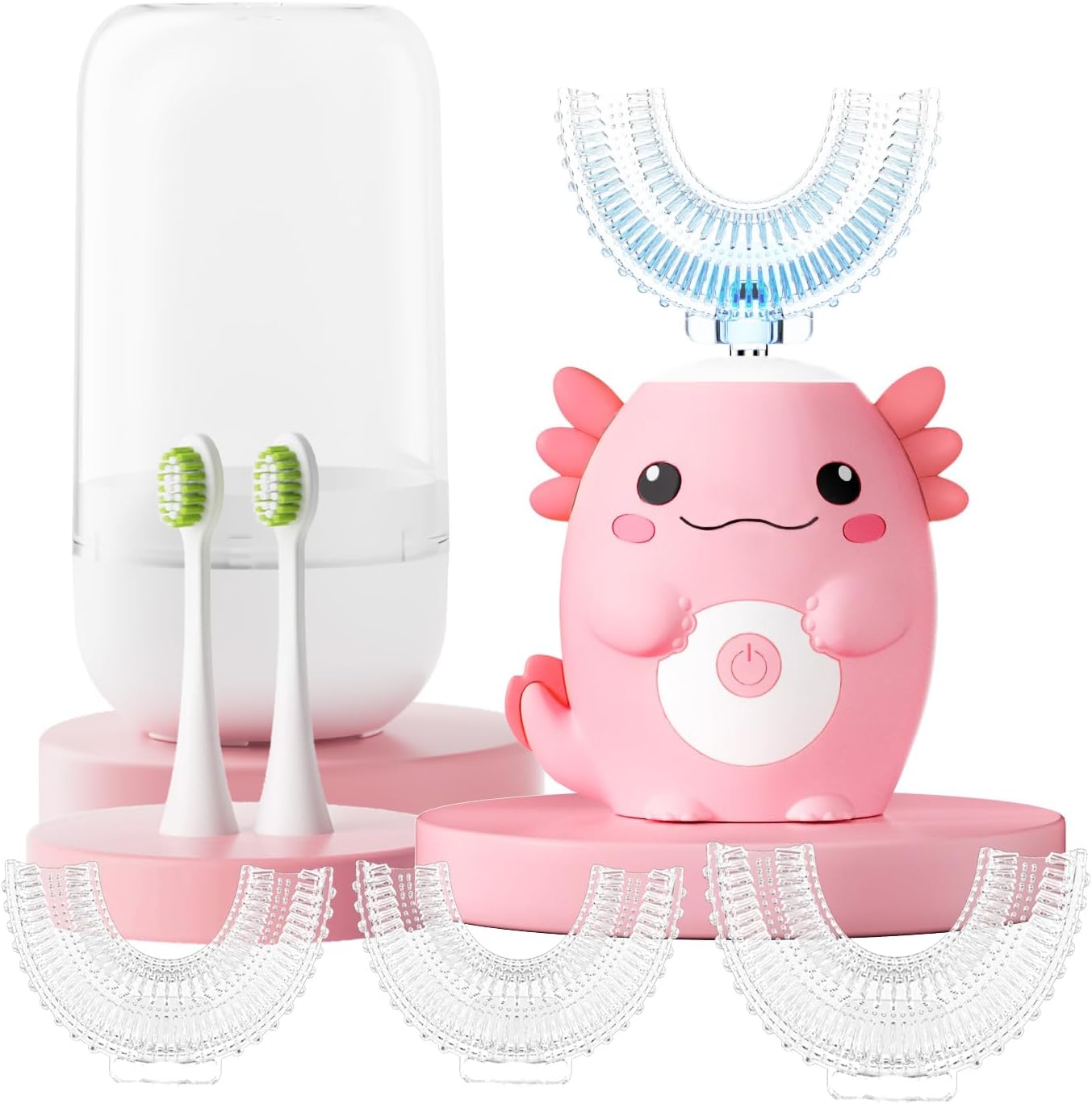 Kids Electric U Shaped Toothbrush - Axolotl Kids Sonic Toothbrush with 6 Brush Head Automatic Rechargeable 6 Cleaning Modes Full Mouth Cleaning-Pink