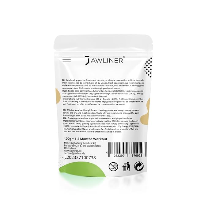 Jawliner® - Pioneers the Toughest Handmade 15x Harder Jawline Gum Includes 12 Weeks Coaching - Sugar-Free Ginger Lime Hard Gum - Jawline Exerciser for Mewing - Chewing Gum Shaping Jaw (2 Months Pack)