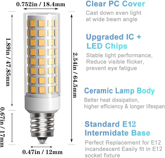 3 Pack E12 LED Candelabra C7 Chandelier C37 Fan Light Bulbs Kx-2000 Bulbrite Replacement, 7W Equivalent to 70W Incandescent, 700LM AC120V (Warm White 3000K)