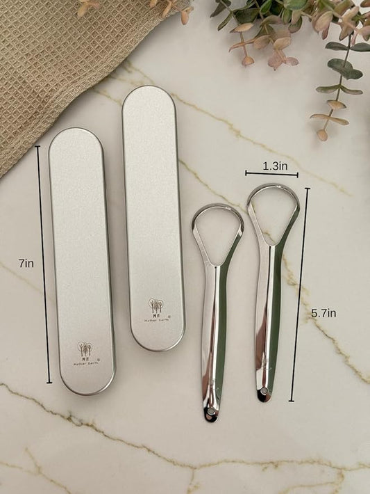 Me Mother Earth 2 pack Stainless Steel Tongue Scraper for Adults with 2 Metal Travel Cases – Durable Metal Cleaner for Oral Care, Fresh Breath, and Eco-Friendly Dental Care