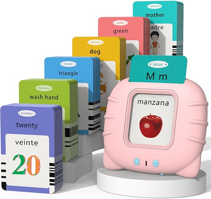 Spanish & English Talking Flash Cards for Toddlers 1 2 3 4 5 6, Audible Toys for Kids to Learn Spanish - 258 Cards and 516 Words(Pink)
