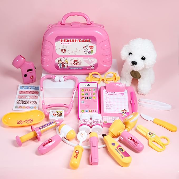 Meland Toy Doctor Kit for Girls - Pretend Play Doctor Set with Carrying Case,Stethoscope Toy & Dress Up Costume - Doctor Play Set for Girls Toddlers Ages 3 4 5 6 Year Old for Role Play Gift