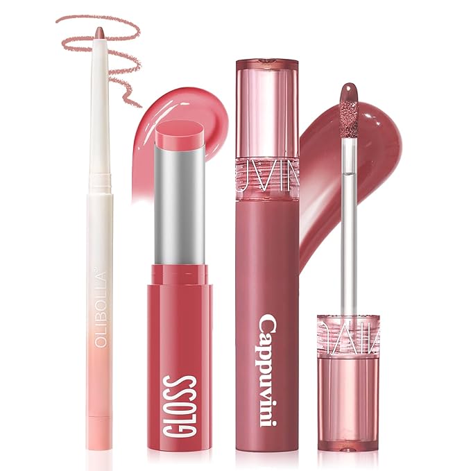 KIMUSE 3PCS Lip Combo Set - Matte Lip Liner Pencil + Hydrating Tinted Lip Balm + Juicy Lip Gloss Tint, Non-Sticky, Long-Lasting, High Pigment Lip Makeup Kit (Sweet Fig Set)