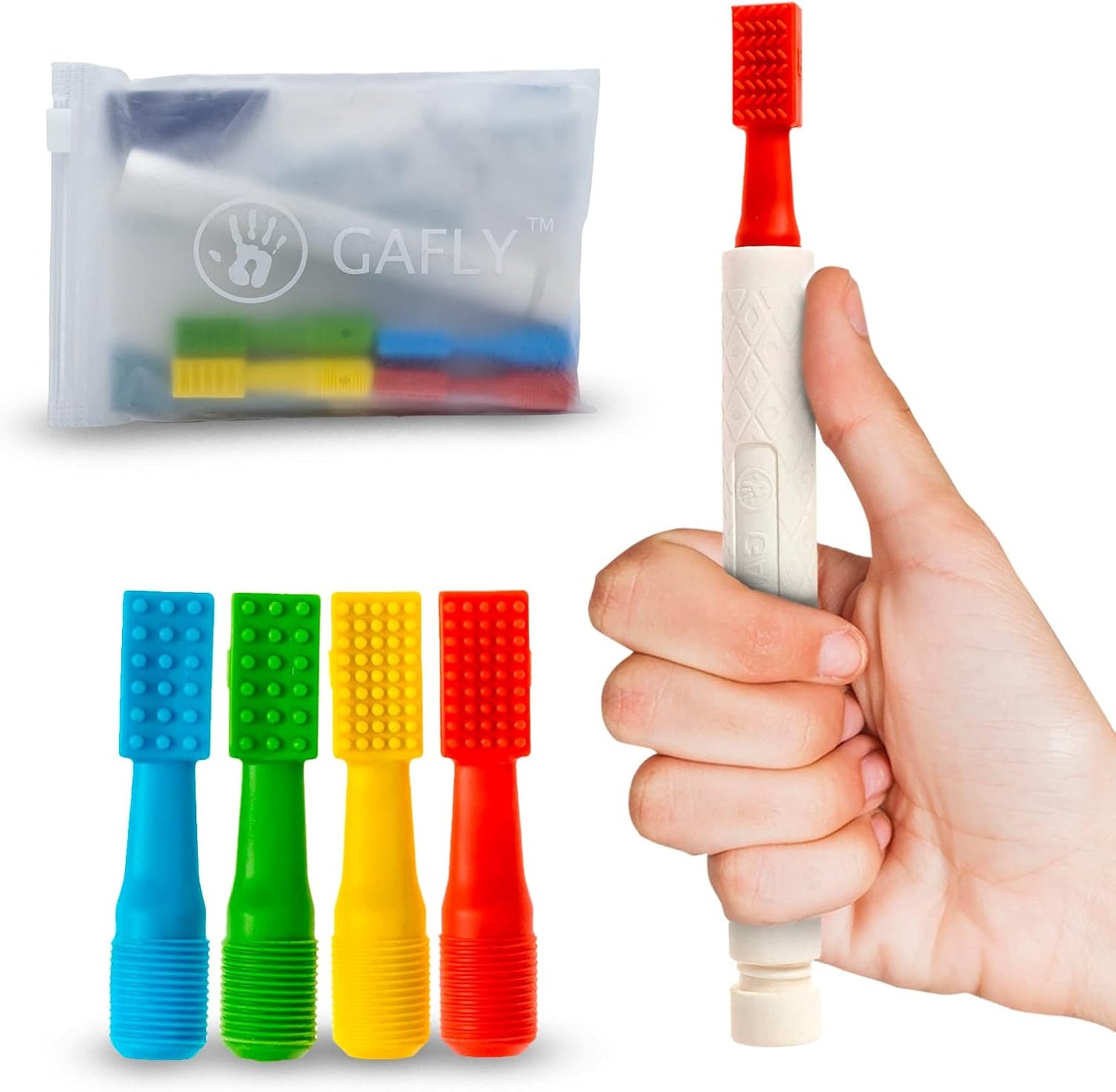 Gafly Therapens Oral Motor Therapy Tools Stimulate Speech and Feeding - Chewy Vibe Speech Therapy Toys Help Kids with Sensory Needs Chew & Relax - Oral Stimulator Kit Includes 4 Tips, Storage Pouch
