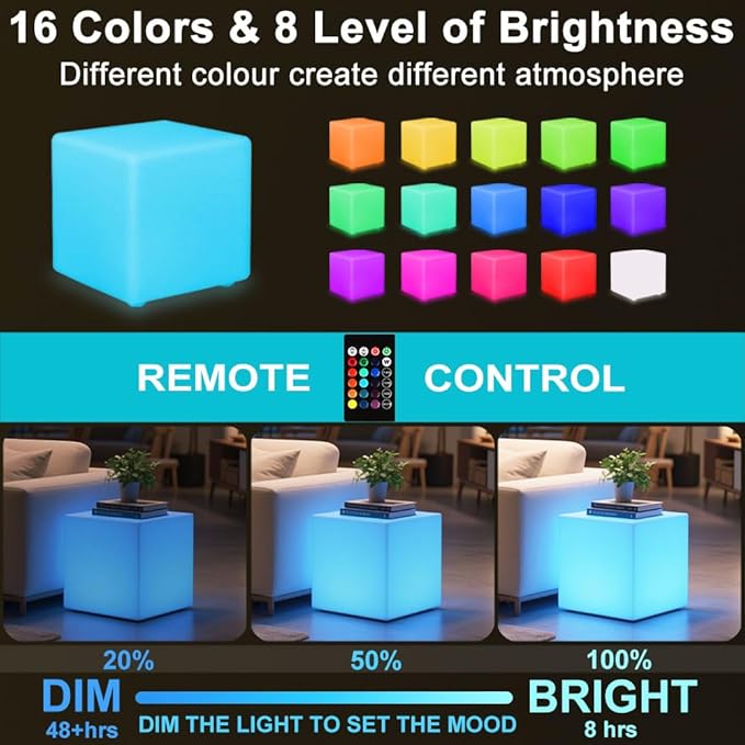 16'' Cordless LED Cube Chair Light, LED Cube Seat for Adult Kid, RGB Color Changing Waterproof Glowing Chair w/Remote, Rechargeable Night Light Mood Lamp Decorative Lights for Home Patio Garden Party
