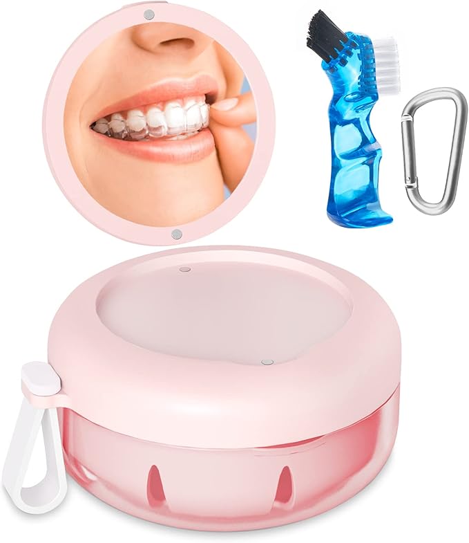 Denture Bath Case, Denture Cup, Leak Proof Portable Retainer Case, Denture Cleaning Kit with Cleaner Brush, Denture Box with Strainer & Mirror, Denture Case for Aligner Retainer Mouth Guard (Pink)