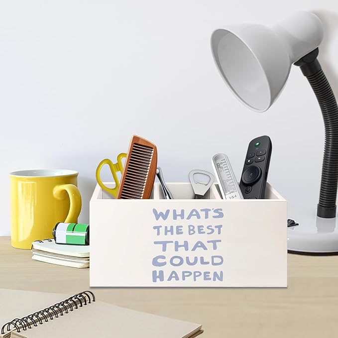 Daily Reminder Positive Affirmations Pen Pencil Holder for Desk, Preppy Light Blue What's the Best That Could Happen Wooden Box Decorative Sign for Home Office Desk Tabletop Decor