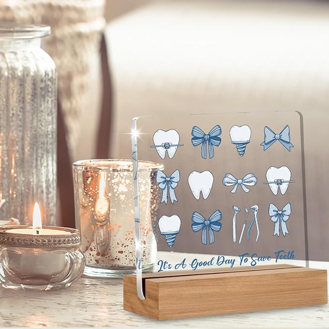Dental Hygienist Gifts, Dentist Gift for Women, Dental Assistant Accessories Acrylic Plaque Gifts, Blue Bow Coquette Dentist Office Desk Decor