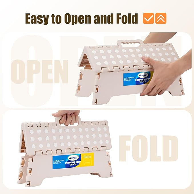 Korpai 5" Folding Step Stool for Adults and Kids 15-Inch Extra Wide Stool Holds Up to 300 lbs,Non-Slip Folding Stools with Handle,Compact Plastic Foldable Step Stool for Bathroom,Kitchen,ect, Khaki