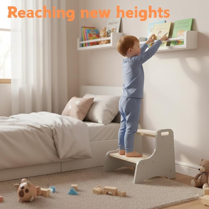 Toddler Step Stool, 2-Step Wooden Step Stool with Adjustable Hight, Sturdy 330lbs Capacity Kid Stool for Toddlers, Easy-Wipe Surface (Natural Grey)