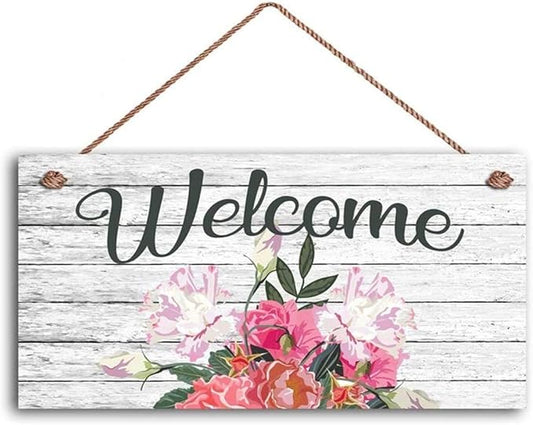 Welcome Wood Sign, Shabby Chic Flower Design, Rustic Decor, Vintage Style Rose Print, Housewarming Gift 12x6inches(hjd166)