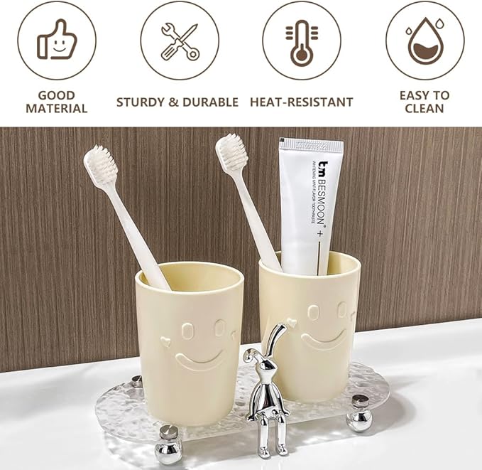 4Pcs Bathroom Tumbler Toothbrush Cups, Smiley Unbreakable Toothbrush Holders, Reusable Drinking Cups Plastic Mouthwash Cup Bathroom Brushing Cup 300ml (4 Colors), Beige, Blue, Gray, Brown
