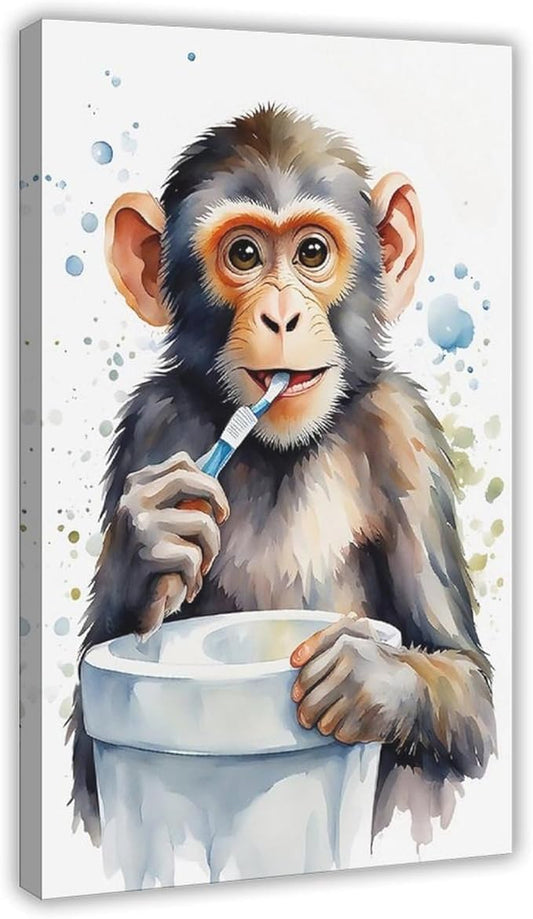 KIPNG Cheerful Monkey Hygiene_ Work of A Playful Dental Routine Poster Canvas Poster Wall Art Picture Paintings for Living Room Bedroom Decoration Frame-style12x18inch(30x45cm)