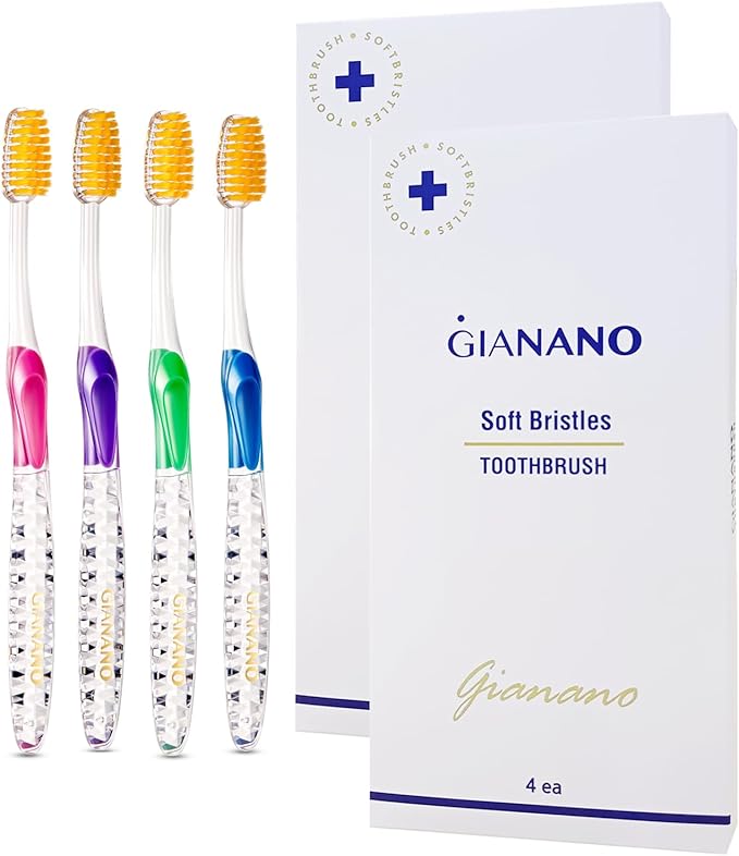 Soft Slim Gold Bristles Toothbrush for Sensitive Gums - Soft Slim Bristles, Compact Head, Toothbrushes for Adults / 8-Piece Set (Blue, Green, Pink, Violet x 2 Each)