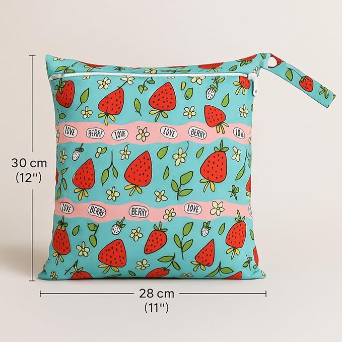 Waterproof Wet Dry Bag, Reusable Diaper Pouch with Zipper, Machine Washable Travel Organizer for Beach, Daycare, Kids, Dinosaur Pattern (Strawberry)