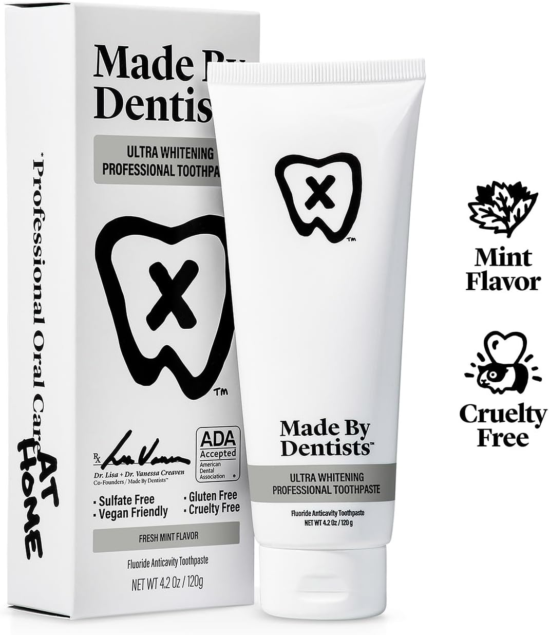 Made by Dentists Professional Ultra Whitening Toothpaste - 2 Pack - Sensitive Teeth Whitening Toothpaste with Sodium Fluoride & Hydrogen Peroxide, ADA Approved, Vegan, 2 x 4.2oz