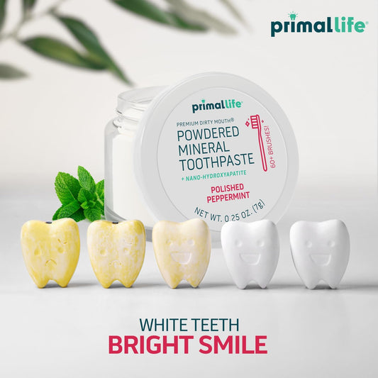 Primal Life Organics - Dirty Mouth Toothpowder, Tooth Cleaning Powder, Flavored Essential Oils with Natural Kaolin & Bentonite Clay, Good for 200+ Brushings, Organic, Vegan (Peppermint, 0.25 oz)