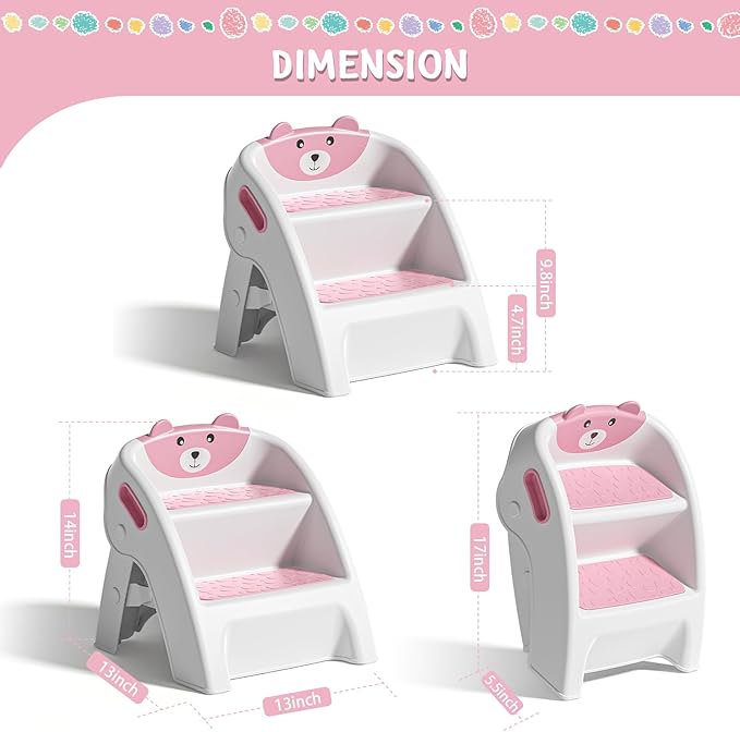 TPN Toddler Step Stool for Bathroom Sink and Potty Training Durable Anti-Slip,Anti-Tip A-Frame,10-Second Assembly, 2-Step Potty Stool with Wide Steps (Pink)