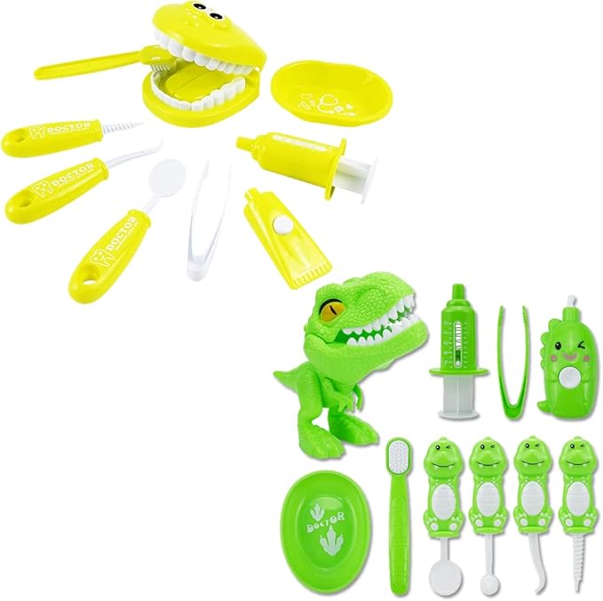 Bundle 19PCS = 9PCS Plastic Simulation Dentist Play Set （Yellow） + 10PCS Plastic Dinosaur Simulation Dentist Play Set (Green)