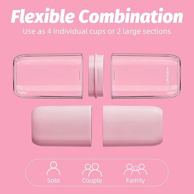 Toothbrush Cup Travel Case, Portable Toothbrush Travel Container Separates into 4 Cups, Tooth Brush Holders with Cover, Toothpaste Storage for Camping, Business Trip, School (Pink)