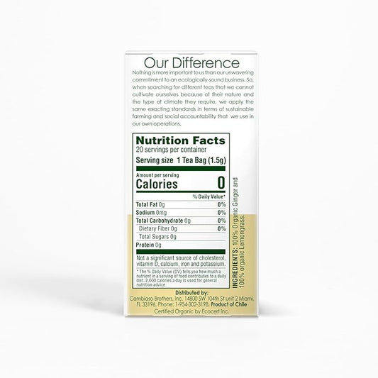 Garden of the Andes - Organic Ginger Lemongrass Tea - 20 Tea Bags/Box, Pack of 6 (120 ct.) - Caffeine-Free Herbal Infusion - Supports Digestive Wellness & Calming Comfort