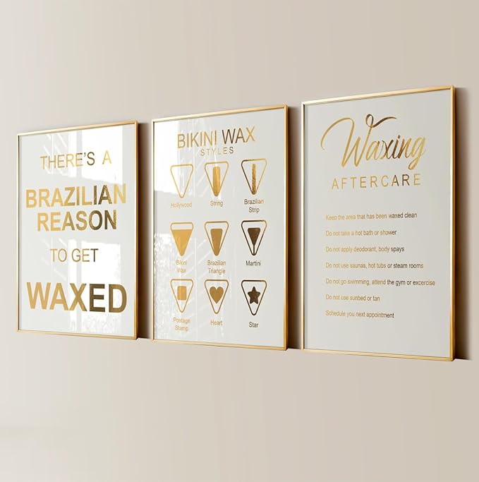 3 Pieces Waxing Aftercare Poster Bikini Waxing Prints Wall Art Brazilian Wax Hair Removal Treatment Canvas Painting Framed Artwork for Wax Salon Med Spa Decoration with Inner Frame