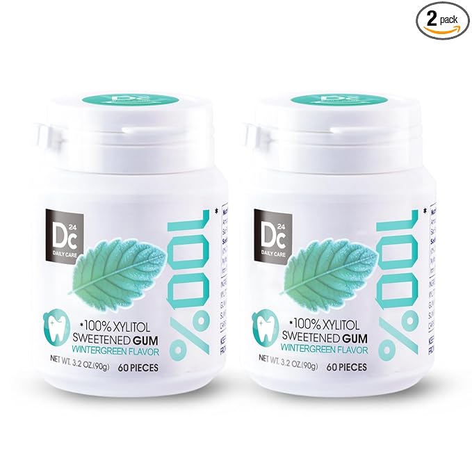 DC24 DAILY CARE Xylitol Gum without Aspartame, Sugar Free Chewing Gum for Cavities, Natural Wintergreen Flavor, Gluten Free, Vegan, 60 Pieces, Pack of 2