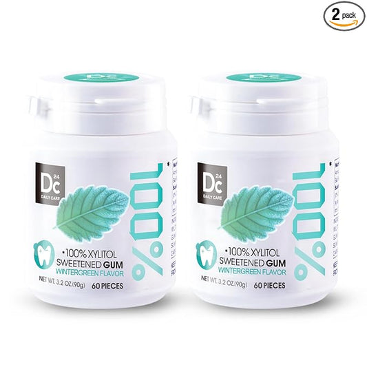 DC24 DAILY CARE Xylitol Gum without Aspartame, Sugar Free Chewing Gum for Cavities, Natural Wintergreen Flavor, Gluten Free, Vegan, 60 Pieces, Pack of 2