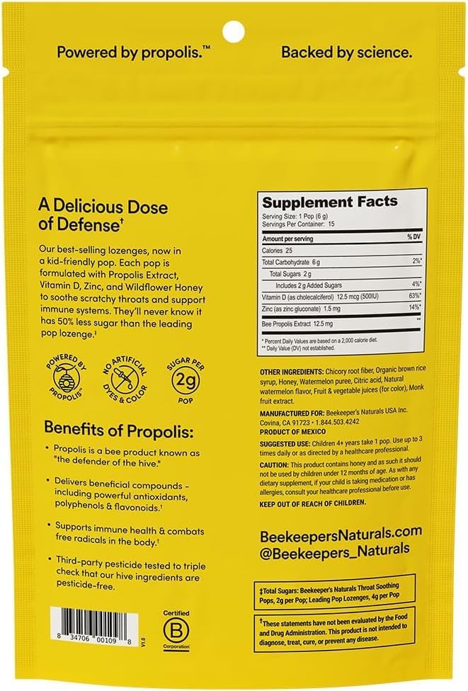 Kids Throat Soothing Watermelon Lollipops, by Beekeeper's Naturals - Doctor Formulated Immune Support, under 2g Sugar, Vitamin D & Honey, 15 ct