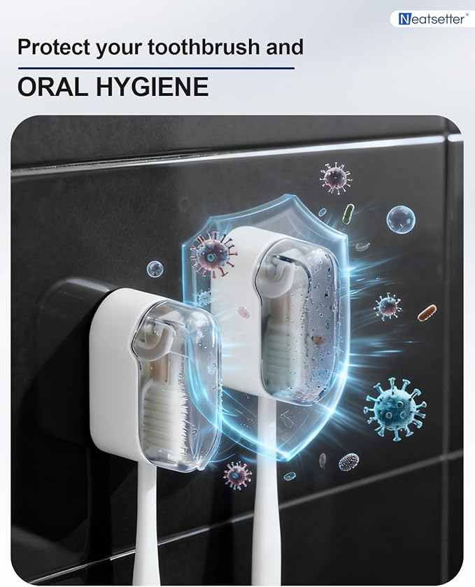 Toothbrush Holder with Auto-Close Cover – Waterproof, Dust-Proof Tooth Brush Hanger Rack for Electric Toothbrushes, 3-Pack No Drill Wall-Mounted Toothbrushes Organizer - Grey