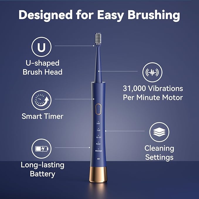 JTF Orthodontic Electric Toothbrush for Braces: 6 U-Shaped Soft Brush Heads, 5 Brushing Mode, 2Min Timer, IPX7 Waterproof, Deep Oral Clean, Rechargeable Sonic Toothbrushes for Tooth with Dental Device
