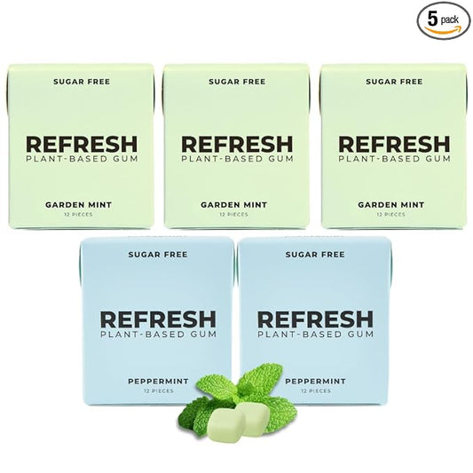 Refresh Gum, Xylitol, Natural, Sugar Free, Chewing Gum, Plastic Free, Natural Flavors & Organic Ingredients, Non GMO, Gluten Free, Vegan, 12 Count (Pack of 5), Mint Variety Pack