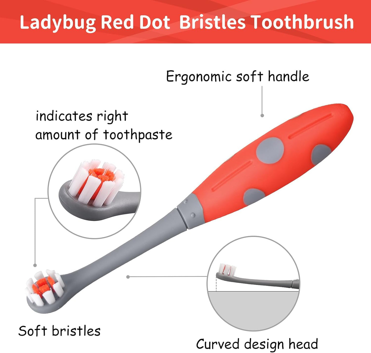 Mombella Ladybug Toddler Toothbrush for 2 Years+, Soft Red Dot Bristle Kids Toothbrush Age 2-4, Easy to Use, Oral Hygiene Care for Infant Teeth and Gums, Safe and Sturdy, 1pc