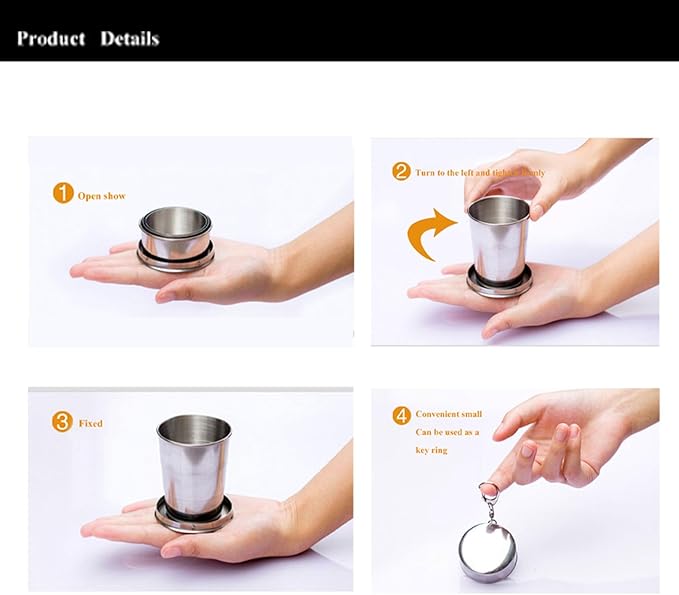 Outdoor Travel Collapsible Cup, Stainless Steel Folding Camping Cup, Portable Drinking Mug With Keychain for Hiking and Picnic (450ML)