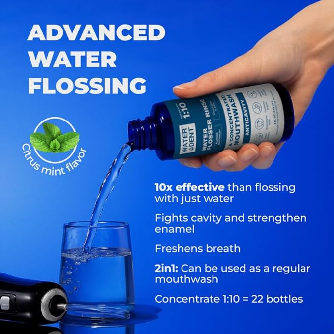 Fluoride Mouthwash and Water Flosser Аdditive | Add to Oral irrigator | Citrus Mint Flavor | Alcohol Free, Made in USA | Concentrated 1:10 = 44 fl.oz