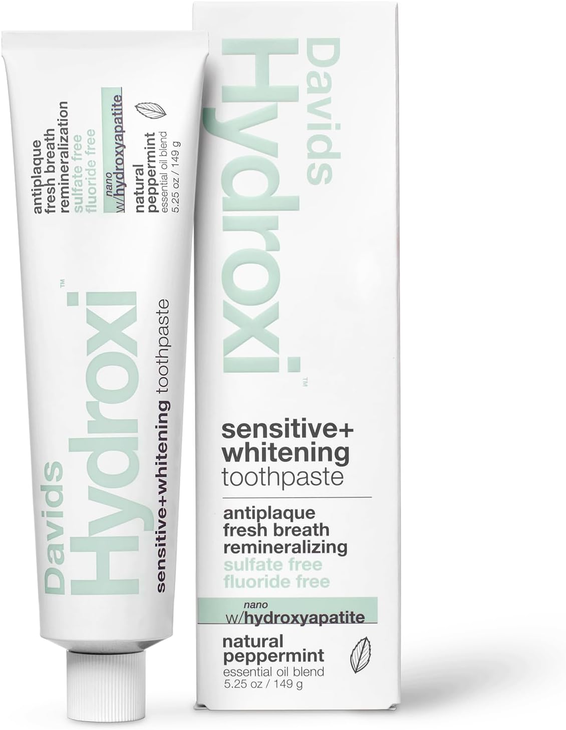 Davids Hydroxi Fluoride Free Nano Hydroxyapatite Toothpaste for Remineralizing Enamel & Sensitive Relief, Whitening, Antiplaque, SLS Free, Natural Peppermint, 5.25oz, Made in USA