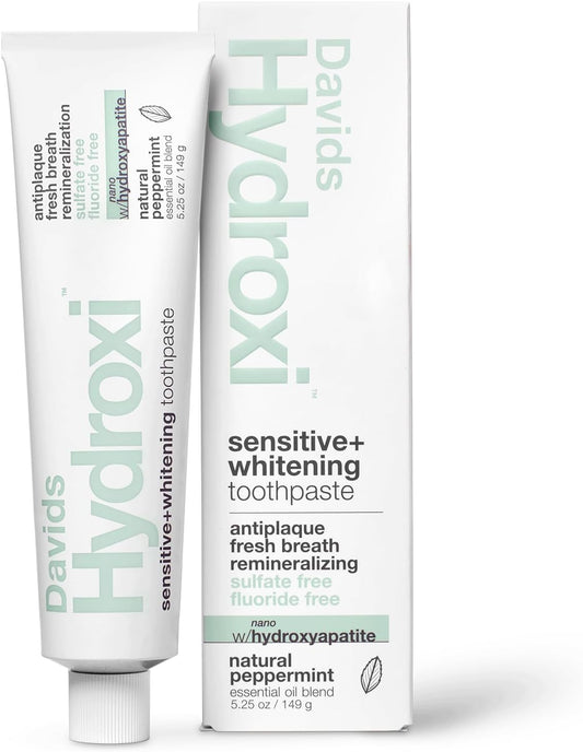Davids Hydroxi Fluoride Free Nano Hydroxyapatite Toothpaste for Remineralizing Enamel & Sensitive Relief, Whitening, Antiplaque, SLS Free, Natural Peppermint, 5.25oz, Made in USA