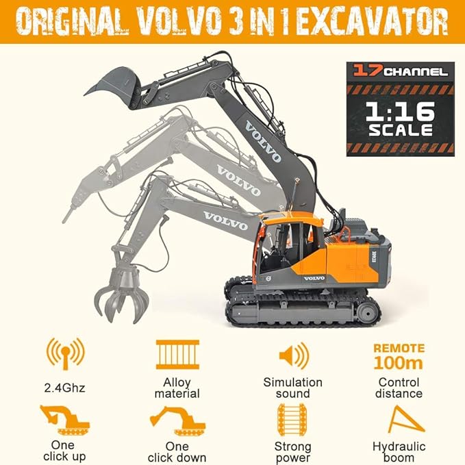 DOUBLE E Volvo RC Excavator 17 Channel 3 in 1 Construction Toys, 17 Channel Remote Control Vehicles Tractor Sandbox Toys Digger with Metal Shovel Drill Grab RC Truck for Kids Adults