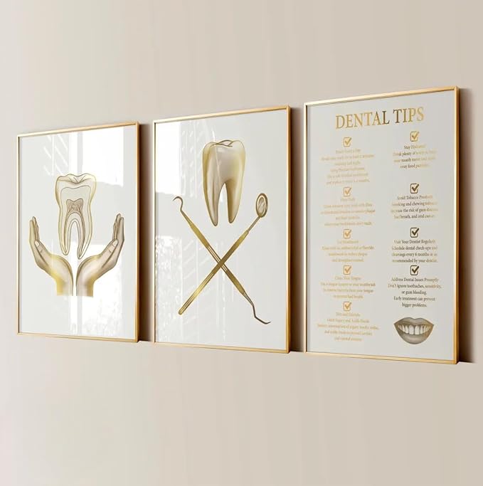 NATVVA Dental Hygienist Canvas Painting 3 Pieces Dental Tips Art Posters Dental Care Tooth Healthy Prints Wall Art Pictures for Dentist Gift Dental Clinic Decor with Wooden Inner Frame