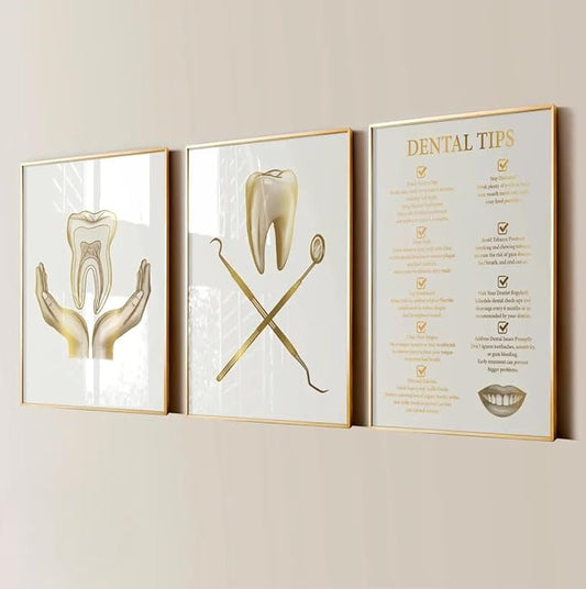 NATVVA Dental Hygienist Canvas Painting 3 Pieces Dental Tips Art Posters Dental Care Tooth Healthy Prints Wall Art Pictures for Dentist Gift Dental Clinic Decor with Wooden Inner Frame