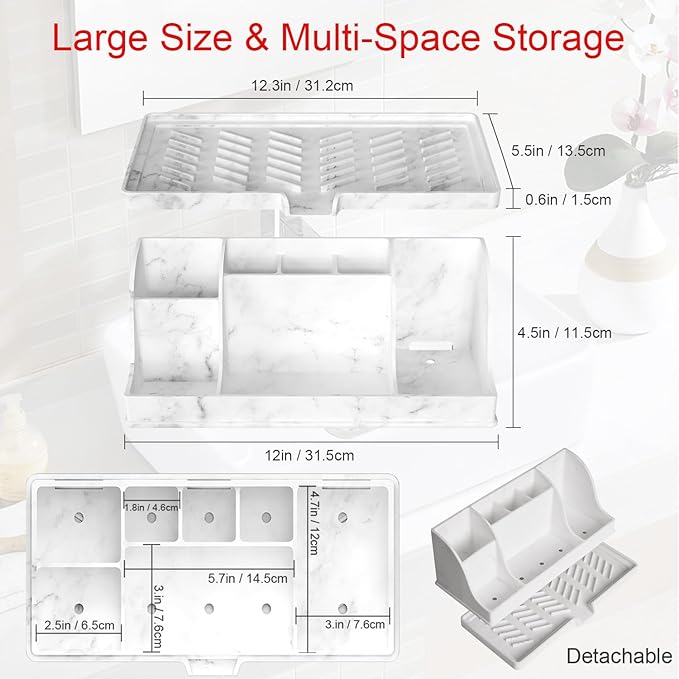 Large Size Silicone Tooth Brush Holder for Bathroom with Drainage, White Marble Toothbrush Holders, Easy Clean Bathroom Countertop Organizer Detachable Makeup Organizer for Vanity